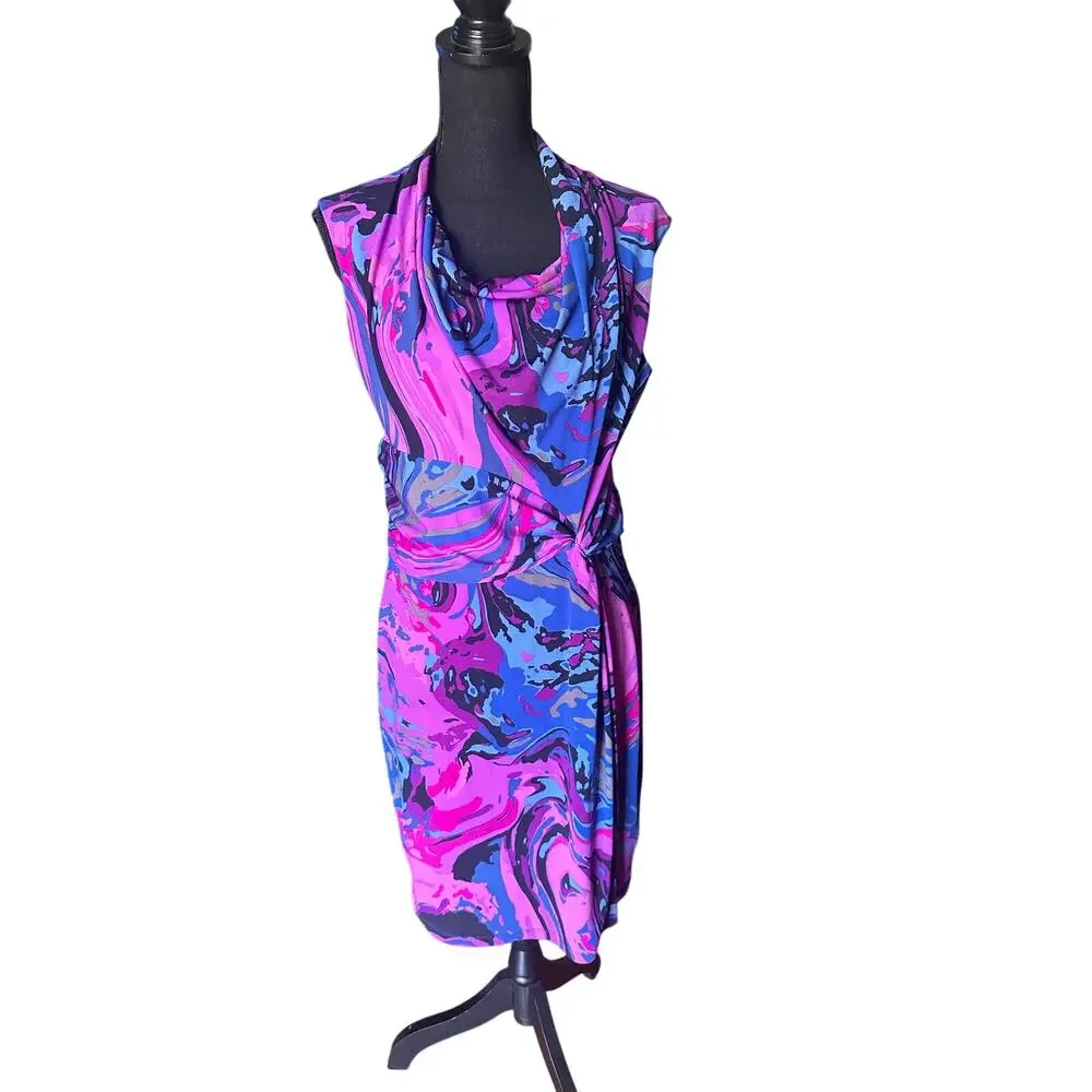 Alex Marie Faux Wrap Dress – Pink Purple Blue Print – Sleeveless Size M - Picture 1 of 8